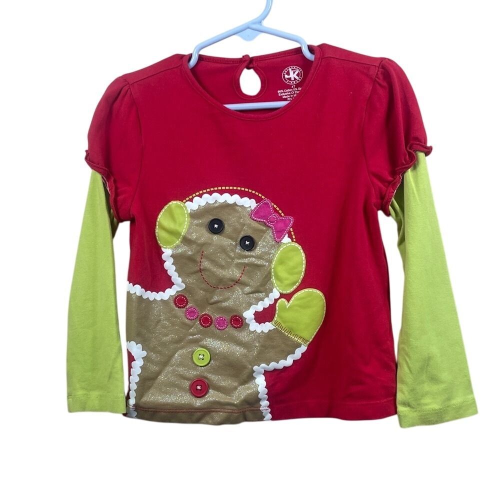 JK Khaki Girls Christmas Shirt Gingerbread Long Sleeve‎ Holiday Top 4T
